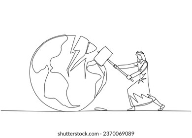 Single continuous line drawing Arabian businessman preparing to hit the big globe. Disappointed with the world. Businesses fall apart before it grow. Deepest anger. One line design vector illustration