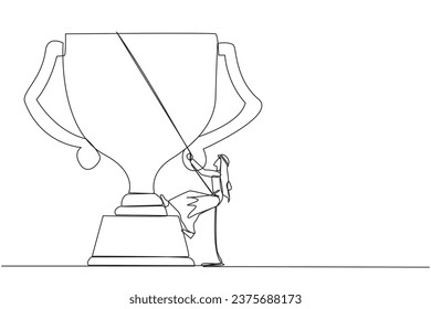 Single continuous line drawing Arabian businessman climbs the trophy with rope. Expanding branding by winning many awards. Connecting relationships. Mutual benefit. One line design vector illustration