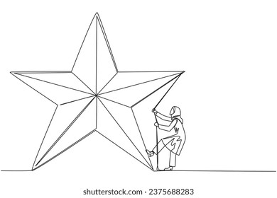 Single continuous line drawing Arabian businesswoman climbing star with rope. Entrepreneurs strive extra hard to reach the goals hang in the stars. Dream come true. One line design vector illustration
