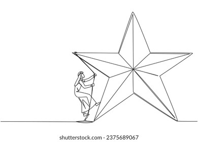Single continuous line drawing Arabian businessman climbing star with rope. Entrepreneurs strive extra hard to reach the goals hang in the stars. Dream come true. One line design vector illustration