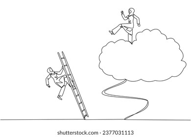 Single continuous line drawing Arabian businesswoman kicks rival who climbs cloud with ladder. Perfect achievement in business. Bring down competitors in any way. One line design vector illustration