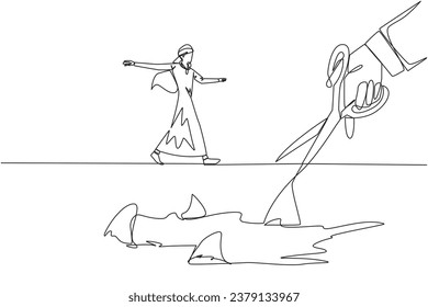 Single continuous line drawing Arabian businessman walking across on tightrope. A metaphor pursuing a career. Ruined by traitors. Fake friend. Business sabotaged. One line design vector illustration