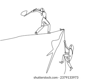 Single continuous line drawing Arabian businesswoman climbs cliff with rope. Almost successful. Rudely dropped by a business friend. Fake partner. Worst teamwork. One line design vector illustration