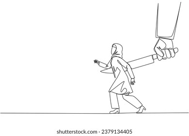 Single continuous line drawing Arabian businesswoman stabbed in back by large knife. Cheated to ruin by a colleague. An enemy disguised as a friend. The traitor. One line design vector illustration