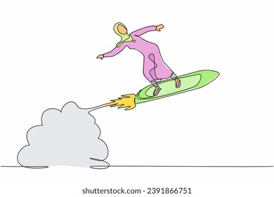 Single continuous line drawing Arabian businesswoman riding surfing board rocket flying in the sky. Wealthy entrepreneur. Launching dollar cash money waves project. One line design vector illustration