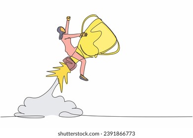 Una sola línea contínua dibujando a una empresaria árabe montando un cohete trofeo volando en el cielo. Acelerar la estrategia empresarial para ganar competencia. Objetivo de logro. Ilustración vectorial de diseño de líneas de una línea