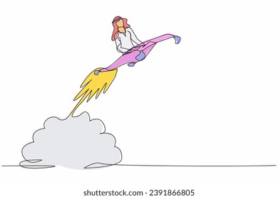 Single continuous line drawing Arabian businessman riding magic carpet rocket flying in the sky. Startup business acceleration concept. Increase sales growth. One line draw design vector illustration