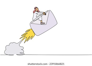 Una sola línea contínua dibujando a un empresario árabe montando un cohete sobre papel volando en el cielo. Iniciar proyecto. Medios sociales, noticias, correo electrónico, desarrollo web. Ilustración vectorial de diseño de líneas de una línea