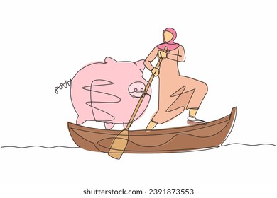 Single continuous line drawing Arabian businesswoman standing in boat and sailing with piggy bank. Economy purposes saving money is very important. Smart investor. One line design vector illustration