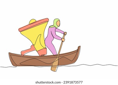 Single continuous line drawing Arabian businesswoman standing in boat and sailing with megaphone. Leader shout and motivating team to move forward for success. One line draw design vector illustration