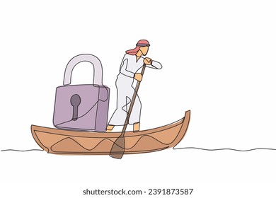 Single continuous line drawing Arabian businessman sailing away on boat with padlock. Security and shipping protection. Delivery business through the ocean. One line graphic design vector illustration