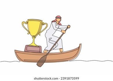 Una sola línea contínua dibujando a un hombre de negocios árabe navegando en bote con trofeo. Premio del Campeonato Mundial de Vela. Ganadora competición de deportes de agua de una línea dibujar diseño gráfico ilustración vectorial