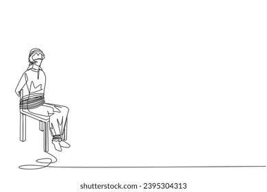 Single continuous line drawing Arabian businessman sitting and helpless. Kidnapping of the most successful entrepreneur. Asking for ransom and some assets. Hostage. One line design vector illustration