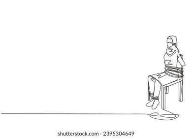 Single continuous line drawing Arabian businesswoman sitting and helpless. Victim of fraudulent investments. There are no funds to develop the business. Hostage. One line design vector illustration
