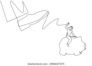 Single continuous line drawing Arabian businessman riding a piggy bank runs away from giant foot. Moving quickly saves assets and profits. For a better future. One line design vector illustration