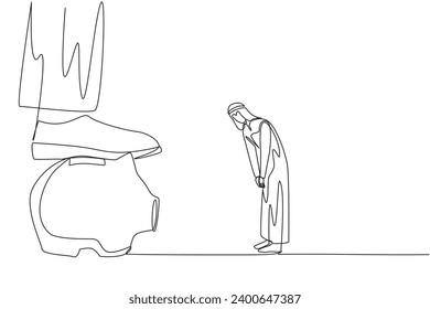 Single continuous line drawing Arabian businessman nodded in front of the giant foot that stepped on the piggy bank. Received orders to make massive investments. One line design vector illustration