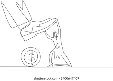 Single continuous line drawing Arabian businessman holds back a giant foot wants to step on the coin with dollar symbol. Resisting the greed of the sovereigns. One line design vector illustration