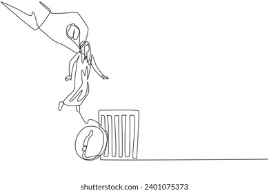 Single continuous line drawing Arabian businessman is lifted by giant hand and will be put into a trash can. Traitor. Makes business plan leaky and unprofitable. One line design vector illustration