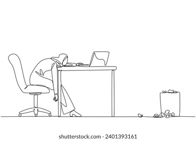 Single continuous line drawing Arabian businesswoman sitting in work chair looking tired. Has no enthusiasm. Has no fighting spirit. Stress. Fatigue. Frustrated. One line design vector illustration