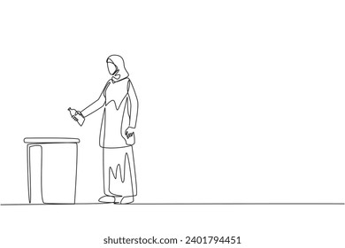 Single continuous line drawing Arabian woman throw used plastic bottles into overflowing trash cans. Environmental care. Provide examples of commendable actions. One line design vector illustration