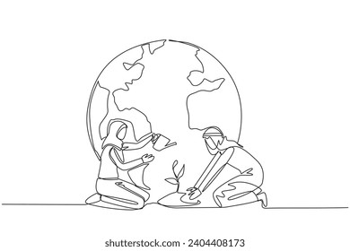 Single continuous line drawing Arabian man holds mound of earth while Arabian woman waters plants. Always work together to protect the earth. For better the earth. One line design vector illustration