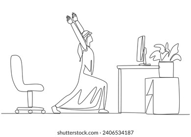 Single continuous line drawing Arabian man stands with both hands raised and legs stretched. Start overtime on the weekend with stretching. Don't want to stress. One line design vector illustration