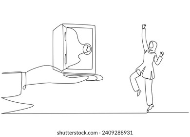 Single continuous line drawing Arabian businesswoman was excited to get a safe deposit box from a giant hand. Good news. Getting the safest place. Important things. One line design vector illustration