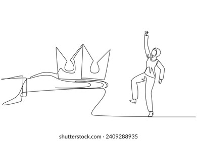 Single continuous line drawing Arabian businesswoman happy to get the crown from the giant hand. Throne. Prestige awards. Great trust. Build a business empire. One line design vector illustration