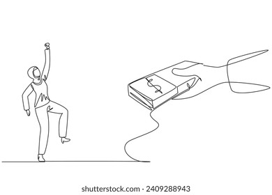 Single continuous line drawing Arabian businesswoman excited to get a stack of banknotes from giant hand. Symbol of success. Lots of bonuses. Money is plentiful. One line design vector illustration