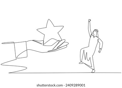 Single continuous line drawing Arabian businessman was happy to get a star from the giant hand. Board of directors trust. Become an exemplary employee this year. One line design vector illustration