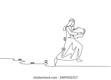 Single continuous line drawing Arabian businessman running while carrying a piggy bank with coins scattered around. Running to save profits. Can't suffer losses. One line design vector illustration