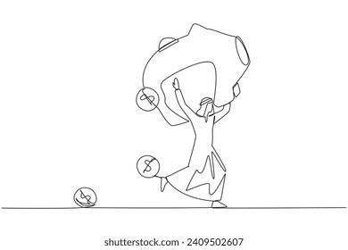 Single continuous line drawing Arabian businessman running lifting big piggy bank on shoulders. Dollar symbol coin falling. Financial conditions were volatile. One line design vector illustration