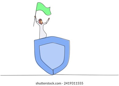 Single continuous line drawing of Arabian businessman standing on giant shield raising flag. Network security businessman celebrating new cooperation with government. One line vector illustration