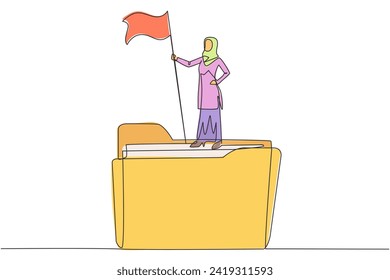Single continuous line drawing of Arabian businesswoman standing on giant folder icon raising flag. Arranged business plan, keep records, practice. Be a champion. One line design vector illustration