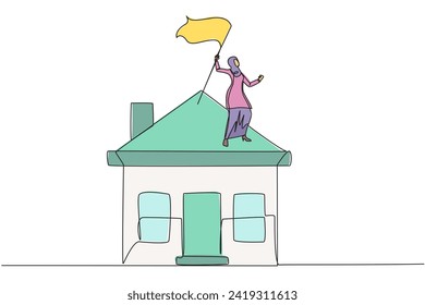 Single continuous line drawing of Arabian business woman standing on miniature house raising flag. Entrepreneurs who are successful in home property deserve an award for her business. One line vector