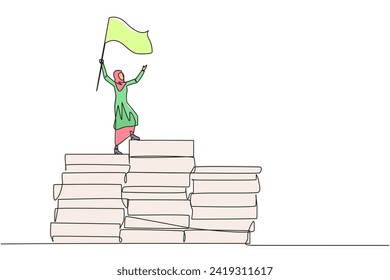 Single continuous line drawing of Arabian businesswoman standing on piles of paper document raising flag. Create business plan with lots of data. Winner even though there is a lot of work. One line