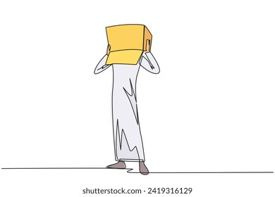Single continuous line drawing of Arabian businessman stood up and covered head with cardboard. Businessman who are embarrassed because unable to pay several bills. One line design vector illustration