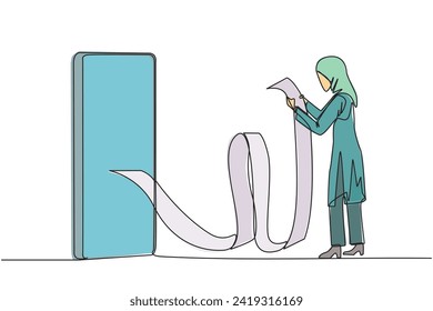 Single continuous line drawing of Arabian businesswoman holding billing paper roll coming out of smartphone. Billing which contains online payments, transfer transactions. One line vector illustration