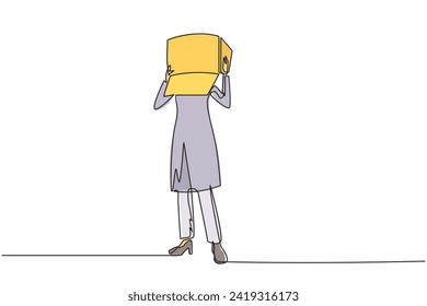 Single continuous line drawing Arabian businesswoman stood up and covered head with cardboard box. Businesswoman who are embarrassed because unable to pay several bills. One line vector illustration