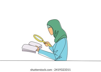 Single continuous line drawing Arabian businesswoman holds book and examines it with magnifier. Businesswoman re-reads scientific studies so that her business avoids bankruptcy. One line design vector