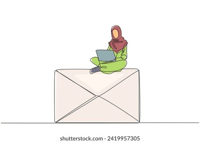 Single continuous line drawing Arabian businesswoman sitting and typing laptop computer on giant email icon. Prepare a quotation letter for cooperation in the technology business. One line design