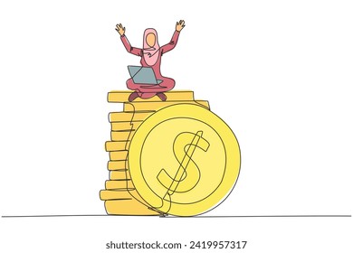 Single continuous line drawing Arabian businesswoman sitting on stack of coins putting laptop on her thigh. Successful remote freelance work. Get a lot of money. Concept of smart work. One line design