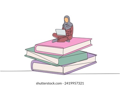 Single continuous line drawing Arabian businesswoman sitting on stack of giant books taking webinar on laptop. Study business online. Reading. Literature. Business education concept. One line design