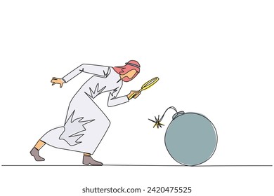 Single continuous line drawing Arabian businessman holding magnifying glass look at large bomb with a burning fuse. Preventing explosions like preventing business destruction. One line design vector