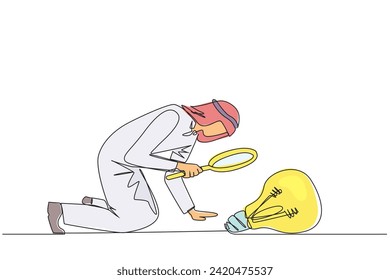 Single continuous line drawing Arabian businessman holding magnifying glass look at lightbulb. Requires a brilliant idea to expand its business overseas. Metaphor. One line design vector illustration