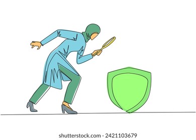 Single continuous line drawing Arabian businesswoman holds magnifying glass look at shield. Establish multiple layers of protection for security of business transactions. One line vector illustration