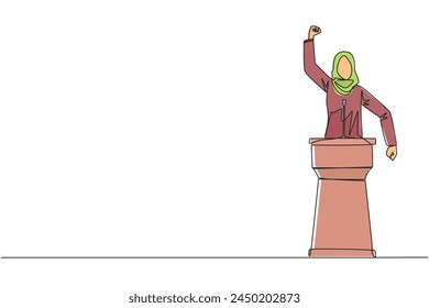 Single continuous line drawing Arabian businesswoman speak at the podium by clenching fists at head height. Doing oration. Leadership concept. Burning the spirit. One line design vector illustration