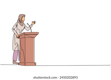 Single continuous line drawing Arabian businesswoman speech standing at podium. Inviting to everyone to be more concerned with natural condition to avoid air pollution. One line vector illustration