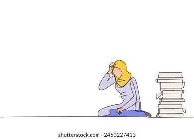 Single continuous line drawing Arabian businesswoman sitting near piles of work files. Too much work is stressful. Putting off work makes work neglected. Tired. One line design vector illustration