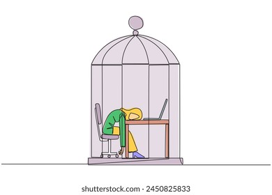 Single continuous line drawing Arabian businesswoman trapped in cage asleep on laptop. Tired of repetitive routines. The many deadlines require overtime every day. One line design vector illustration